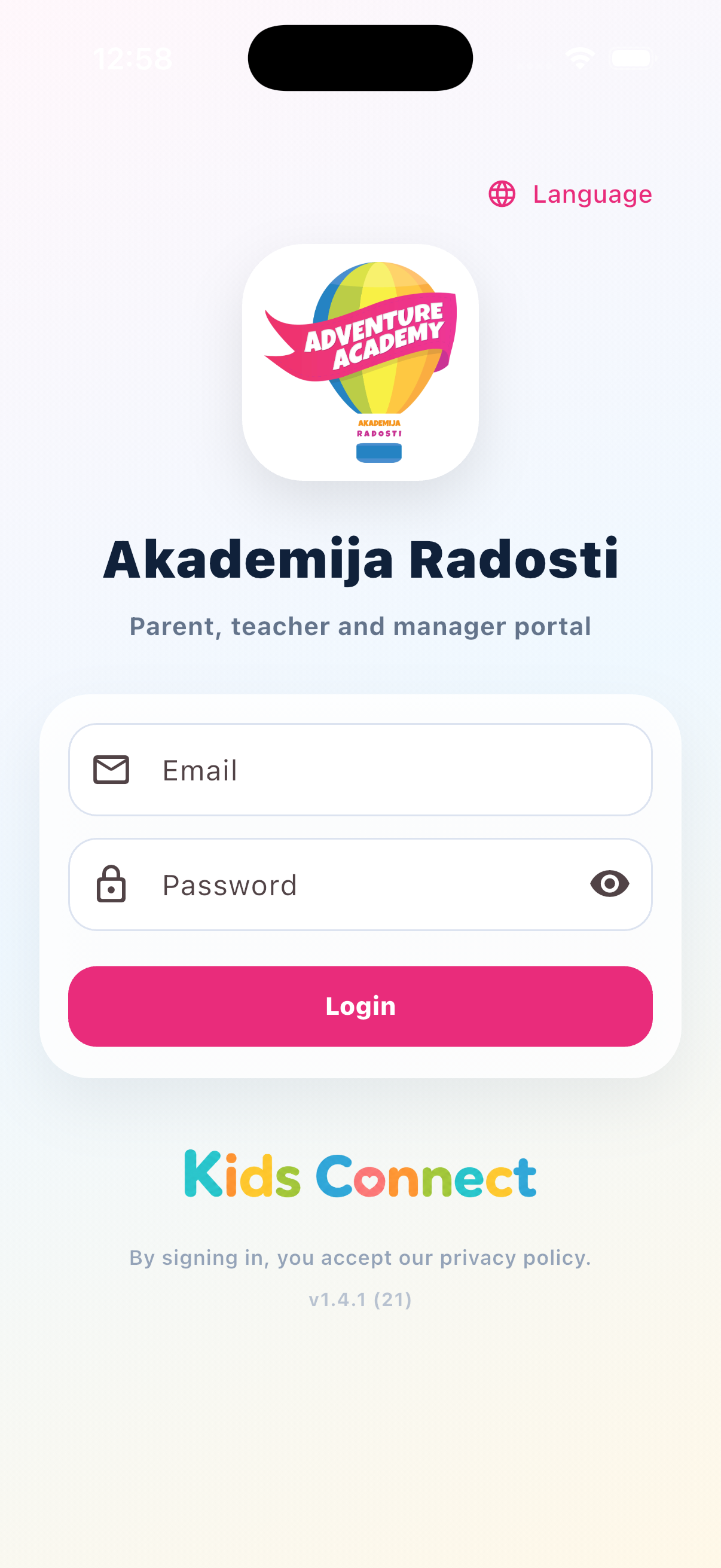 Kids Connect mobile app login screen